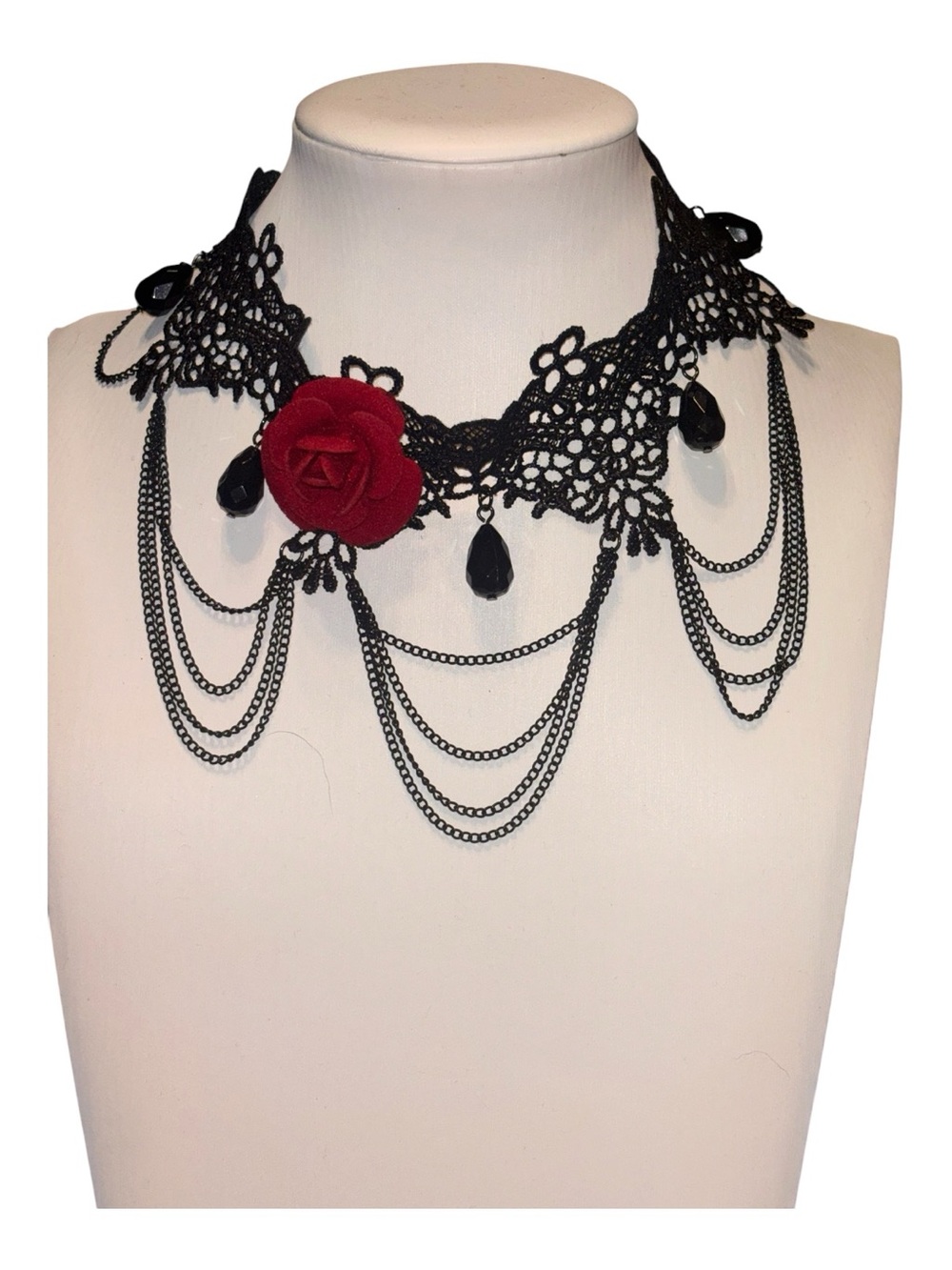 Black Lace Choker Necklace with Red Rose Accent 12” W/ a 3” extender Stunning!